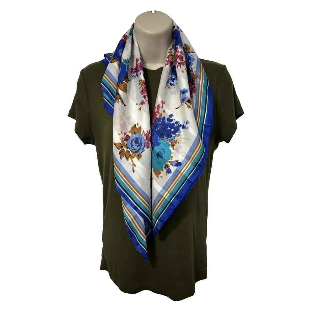 Vintage Blue Pink Floral Square Scarf BOHO Retro Feminine Dainty Bloomcore Fairy
